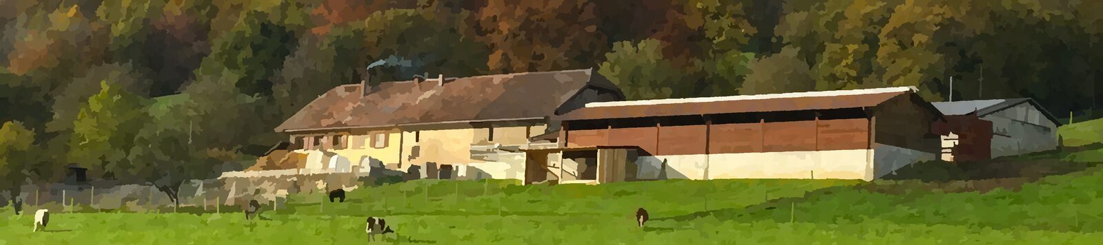 Aquarelle de la ferme Les Prises : la maison de ferme et la grange au-dessus d’un pré où paissent des vaches.